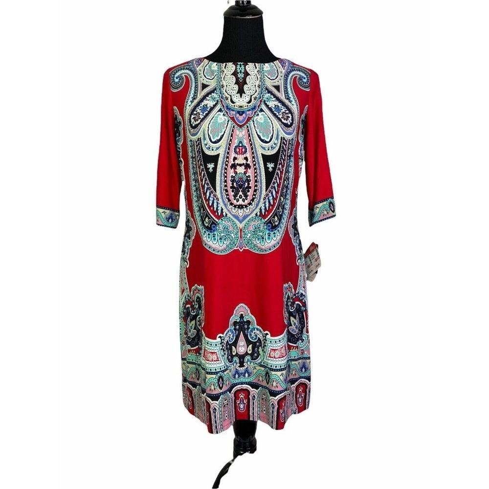 Sandra Darren Womens Shift Dress Red Motif Stretch Jewel Neck 3/4 Sleeve 8‎ New